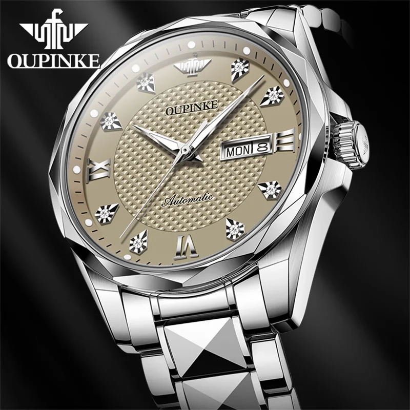 

OUPINKE Top Brand Men's Grey Automatic Mechanical Watch Stainless Steel Strap Waterproof Luminous Luxury Men Wristwatch