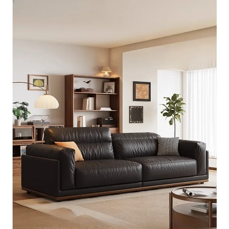 yh Retro leather sofa straight row living room black first layer leather small apartment American style