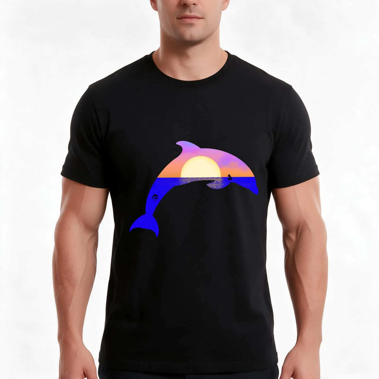 Sunset dolphin T-Shirt, Summer Casual Cotton Tee, Oversized Streetwear Tops, Vintage Graphic Print, Loose Fit Short Sleeve