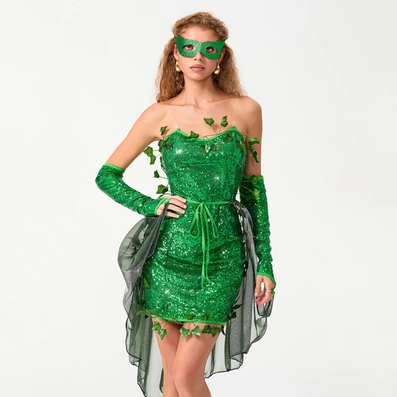 Halloween Leaf Green Poison Ivy Cosplay Costume Cekinowa sukienka bez ramiączek ze spódnicą kopertową i rękawami na ramionach Zestaw okularów