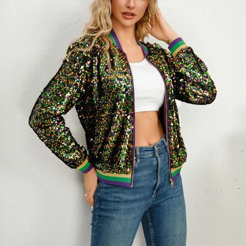 Women Sequin Jacket  New Elegant Casual Loose Coat Shiny Baseball Jacket Outwear Tops