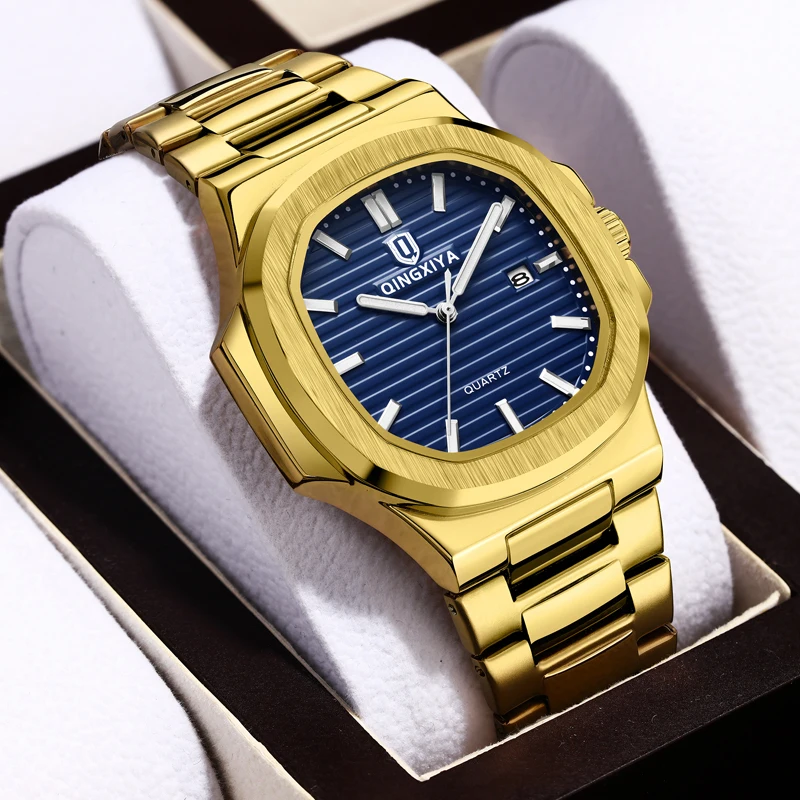 QINGXIYA Orologi da uomo Orologio al quarzo blu oro di lusso delle migliori marche per uomo Orologi da polso con calendario luminoso impermeabile in acciaio inossidabile