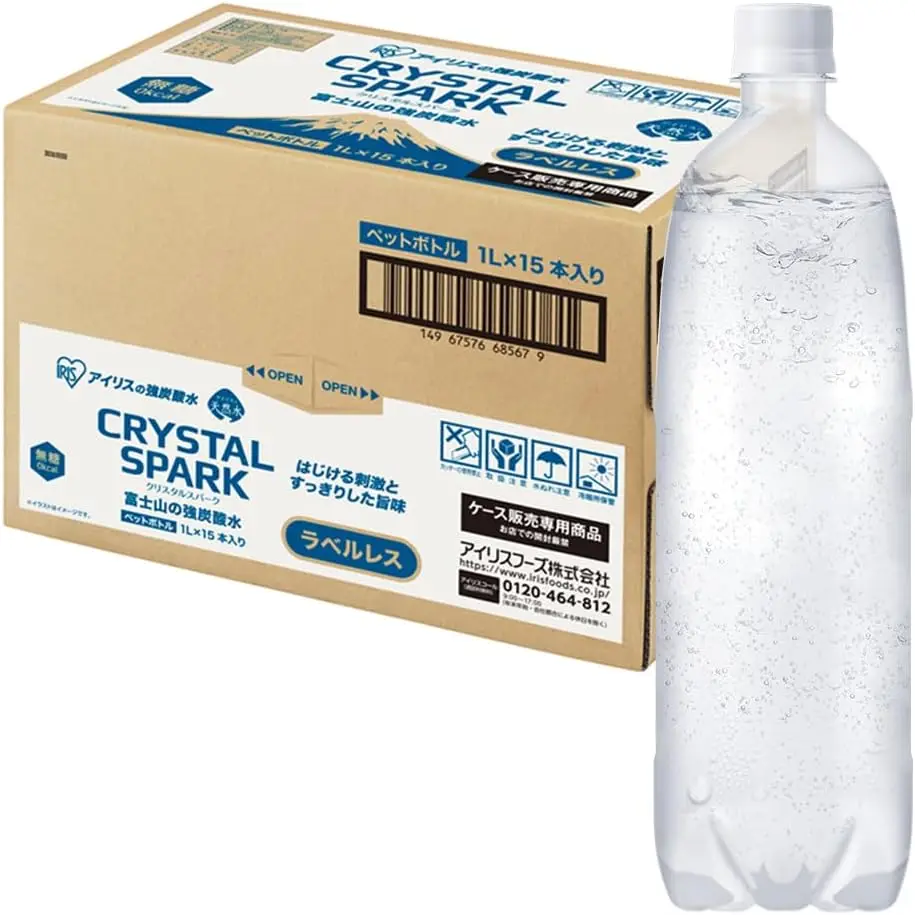 アイリスオヤマ スパークリングウォーター、ラベルフリー、1000ml×15本、富士山強炭酸水、バナジウム含有、PETボトル、静岡県、1リットルボトル入り、ミキサー