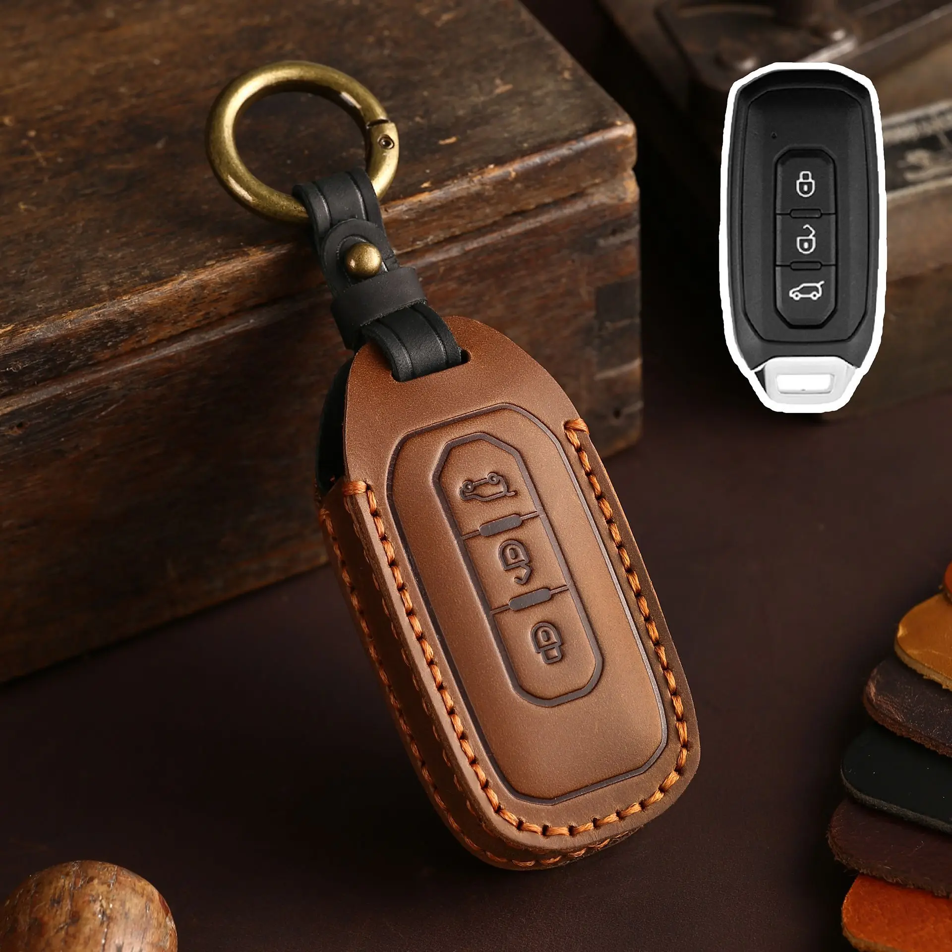 Crazy Hose Leather 3 button Car Styling Key Holder Case Cover for Ford Territory 2019 2020 2021 2022 2023 2024