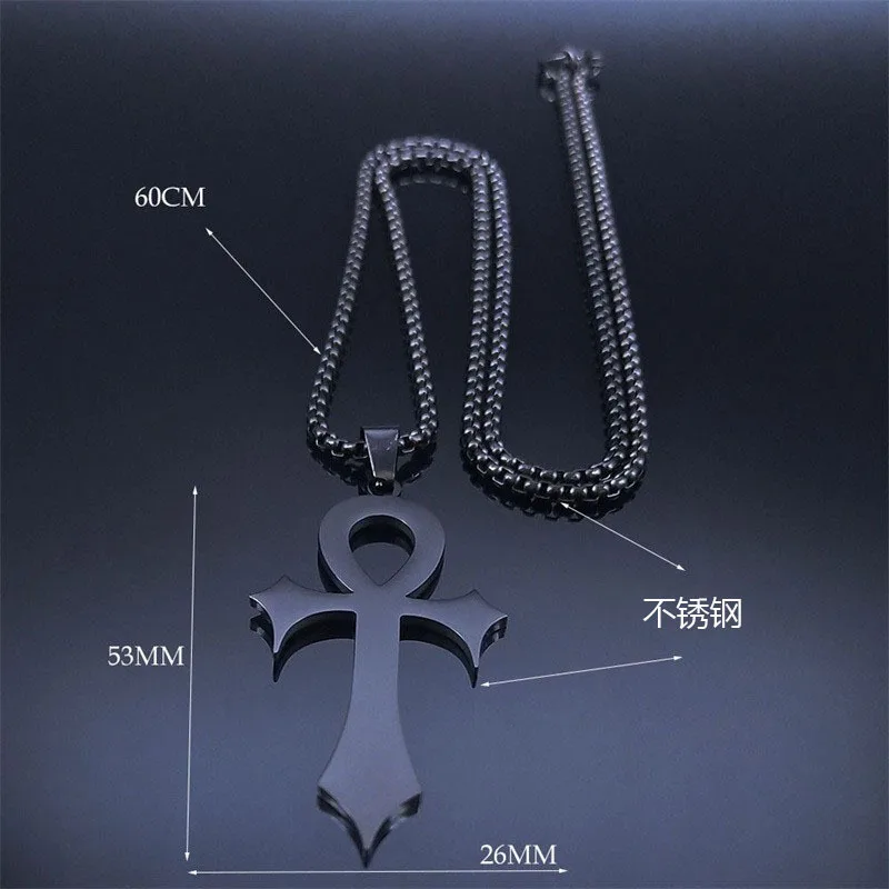 HNSP Goth Necklace Stainless Steel Ancient Egypt Anka Cross Pendant With Chain For Men Women Gothic Accessories