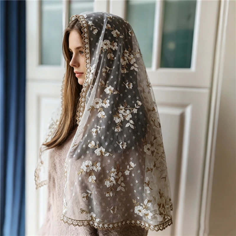 Infinity D Shape Triangle Mantilla Veils Catholic  Dos Tulle Mass Church Head Covering Vintage Chapel Gold Embroidered Flowers