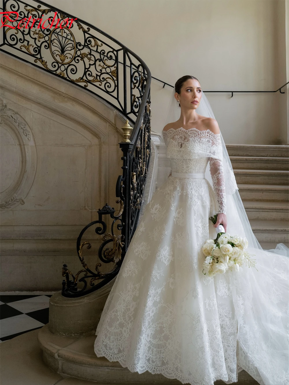 Personalizado encantador vestido de casamento de renda branca elegante fora do ombro tribunal trem novia mangas compridas vestidos de noiva