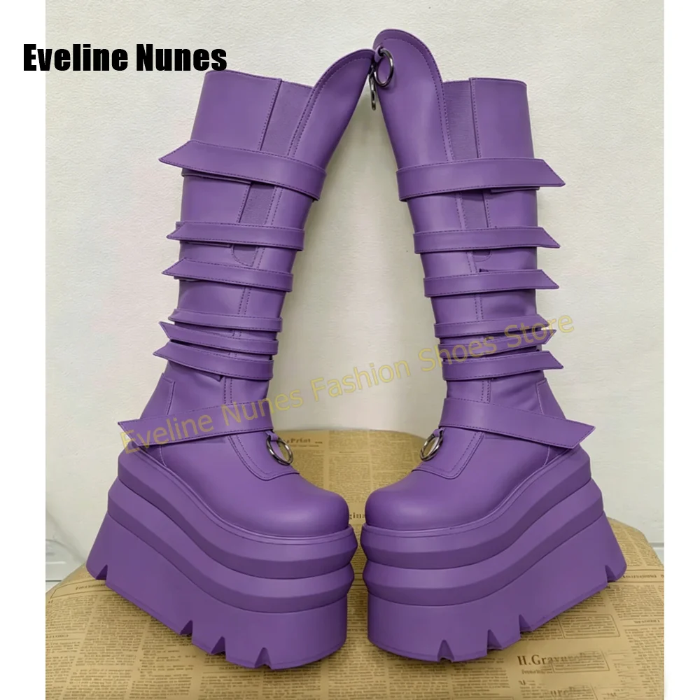 Bright Yellow Platform Knee High Boots Multi Wide Strap Metal Ring Round Toe Thick Sole Height Increase Y2K Punk Street Style view 5