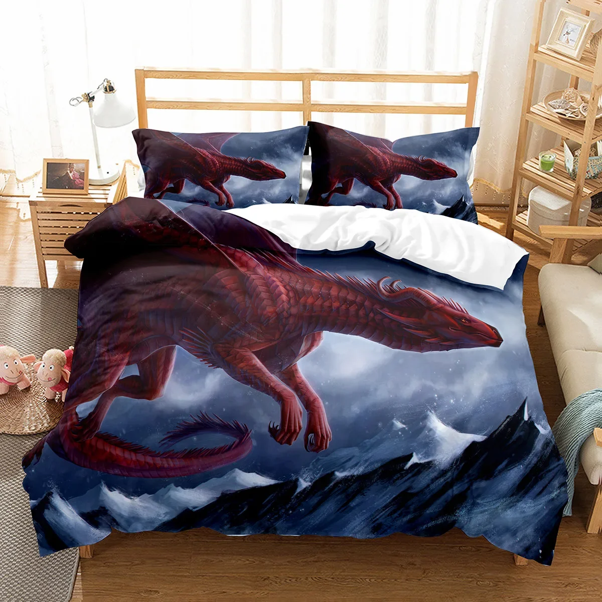 Fierce Fire Breathing Dragon Theme Duvet Cover for Women Men Children Teens for Bedroom Decorations Red Black Queen King Size