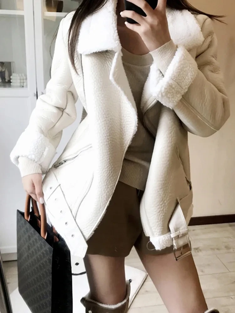 New Autumn Winter Coats Women Thick Faux Leather Fur Sheepskin Coat Female Lamb Feather Leather Jacket Aviator Casaco Feminino