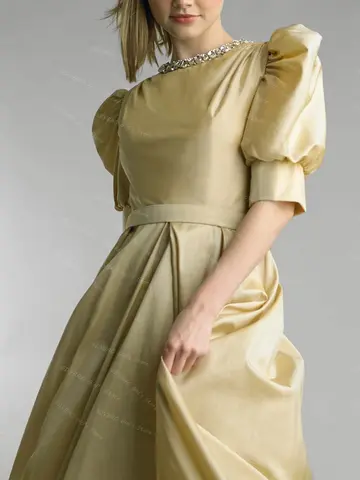 Champagne Women's A-line/Princess Bridesmaid Dress Crystal Beaded Neck Balloon Sleeve Prom Dress Evening Gown Customized Vestido