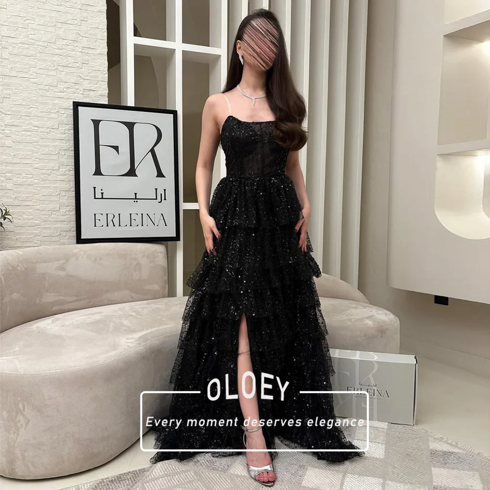 OLOEY Vestidos de festa luxuosos pretos brilhantes de várias camadas com contas para mulheres, vestido de gala, robe de soiree, personalizado