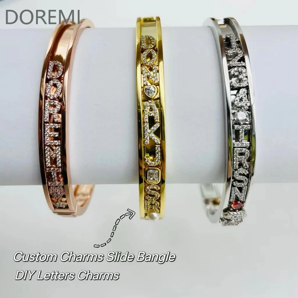 DOREMI Personalized Charms Slide Bangle English Letters 12 Birthstone Charm Heart Star Slide Bangle