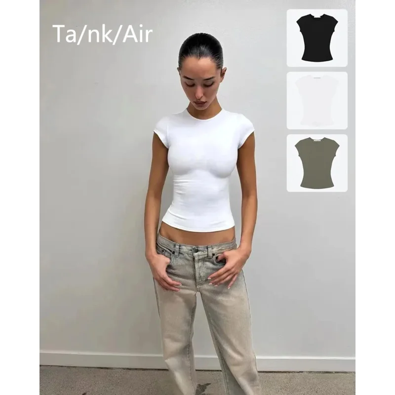 

Женская летняя облегающая майка с круглым вырезом, однотонная, с коротким рукавом, мягкая и удобная ткань, повседневная мода