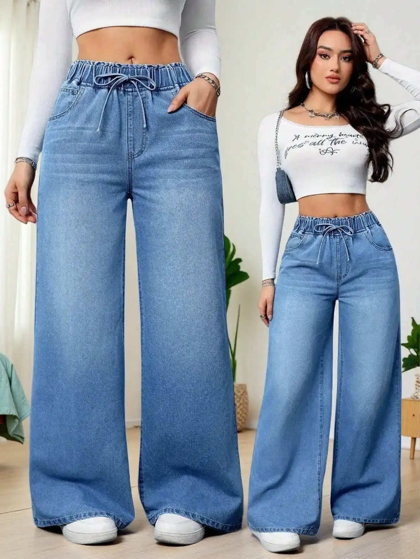 

Женские широкие джинсовые брюки с завязками на талии и боковыми карманами, ткань средней эластичности