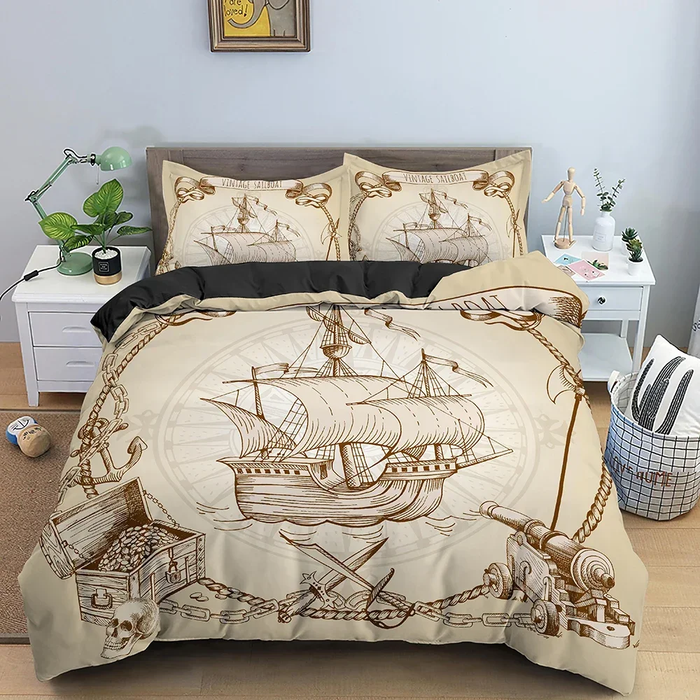 3D Mediterranean Map Bedding Set Luxury Duvet Cover Vintage Sailboat Adventure Bedclothes King Double Twin Single 2/3Pcs