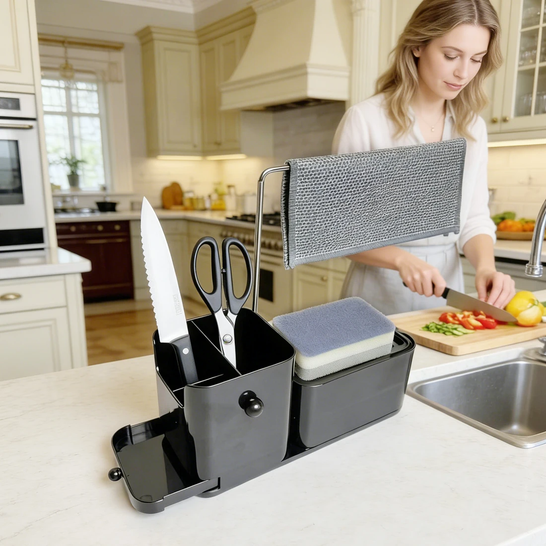 

Countertop Manual Press Liquid Soap Dispenser with Drain Tray Sponge Rack Hand Soap Press Bottle Storage Box for Kitchen and Bathroom