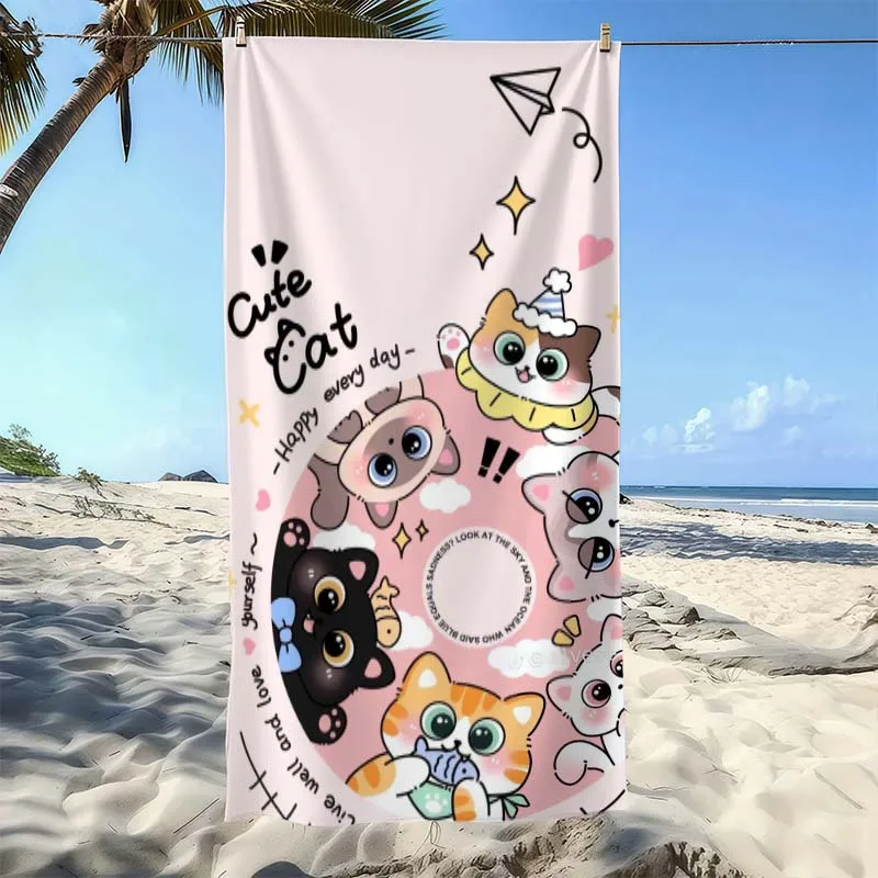 Cute Cat Illustration Pattern Beach Towel, Super Absorbent Beach Towel, Trendy for 2026 New Year,Comfortable and Practical Quick