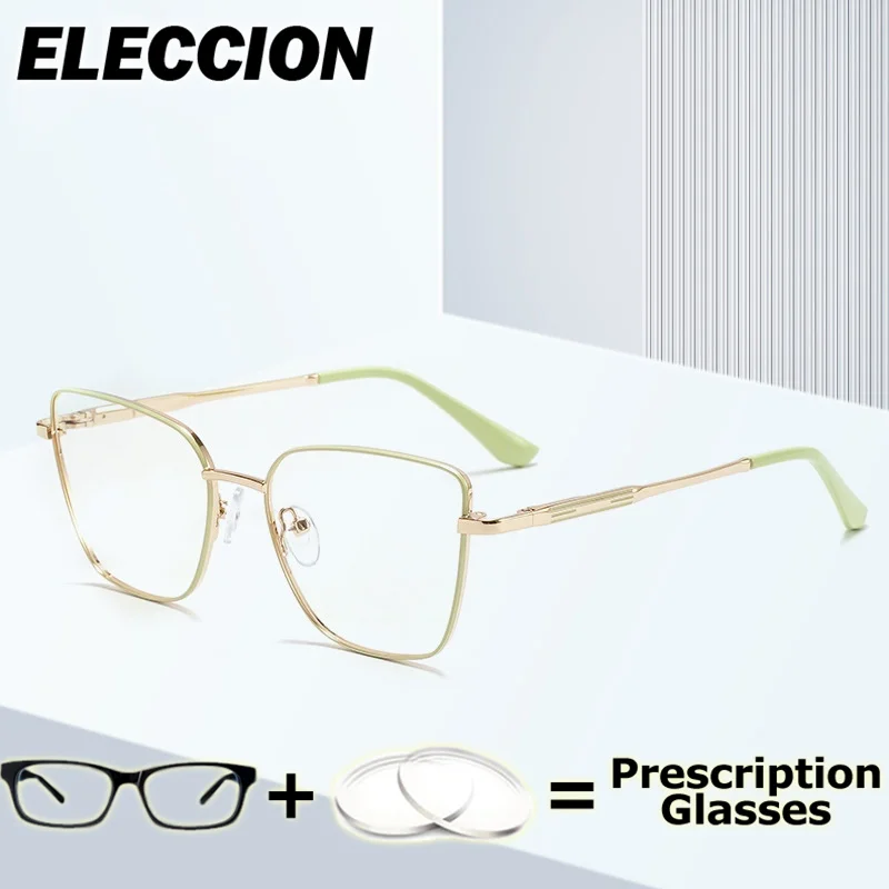 

ELECCION Prescription Glasses Cat Eye Eyewear Glasses Frame Myopia Anti Blue Ray Women Ultra Light Alloy Eyeglasses