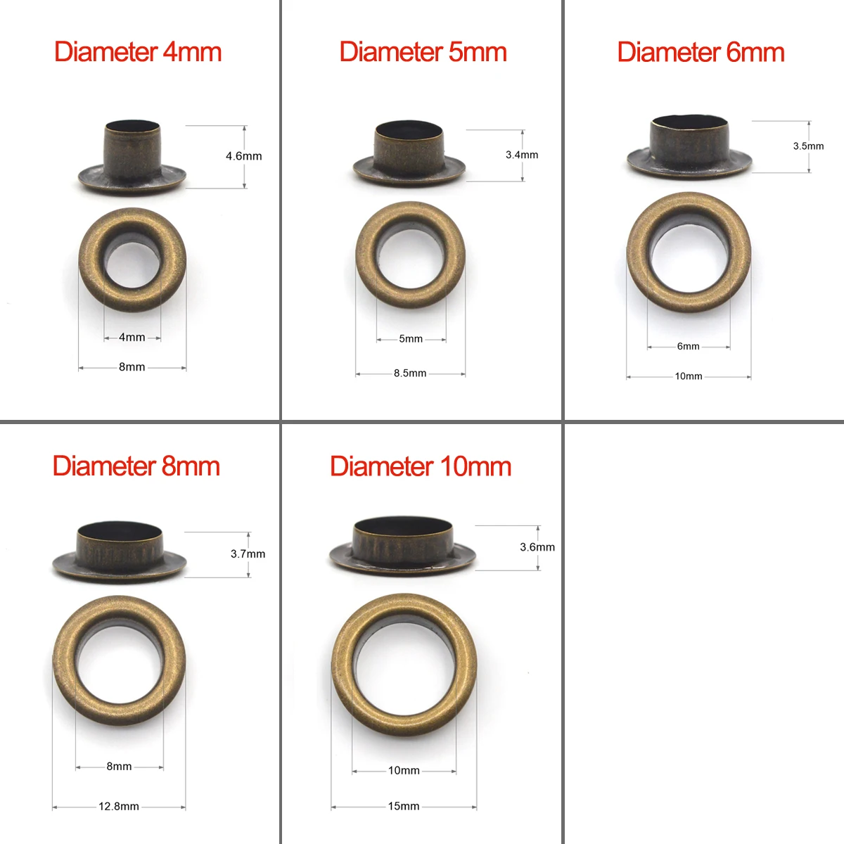 100sets Bronze Color Pure Brass Material 4mm/5mm/6mm/8mm/10mm Grommet Eyelet With Washer Fit Leather Craft Shoes Belt Cap
