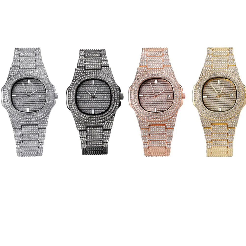 

Watch Men Fashion Wrist Watches Luxury Band Rhinestone Hip Hop for Mens Dress
