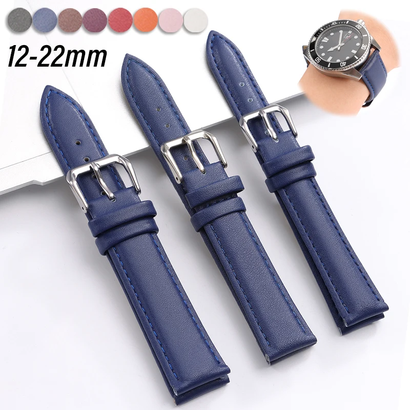 Leather Watch Strap 18mm 20mm 22mm 12/14/16mm Smooth Cowhide Band Multi-Color Replacement Wristband Soft Comfortable Wristband