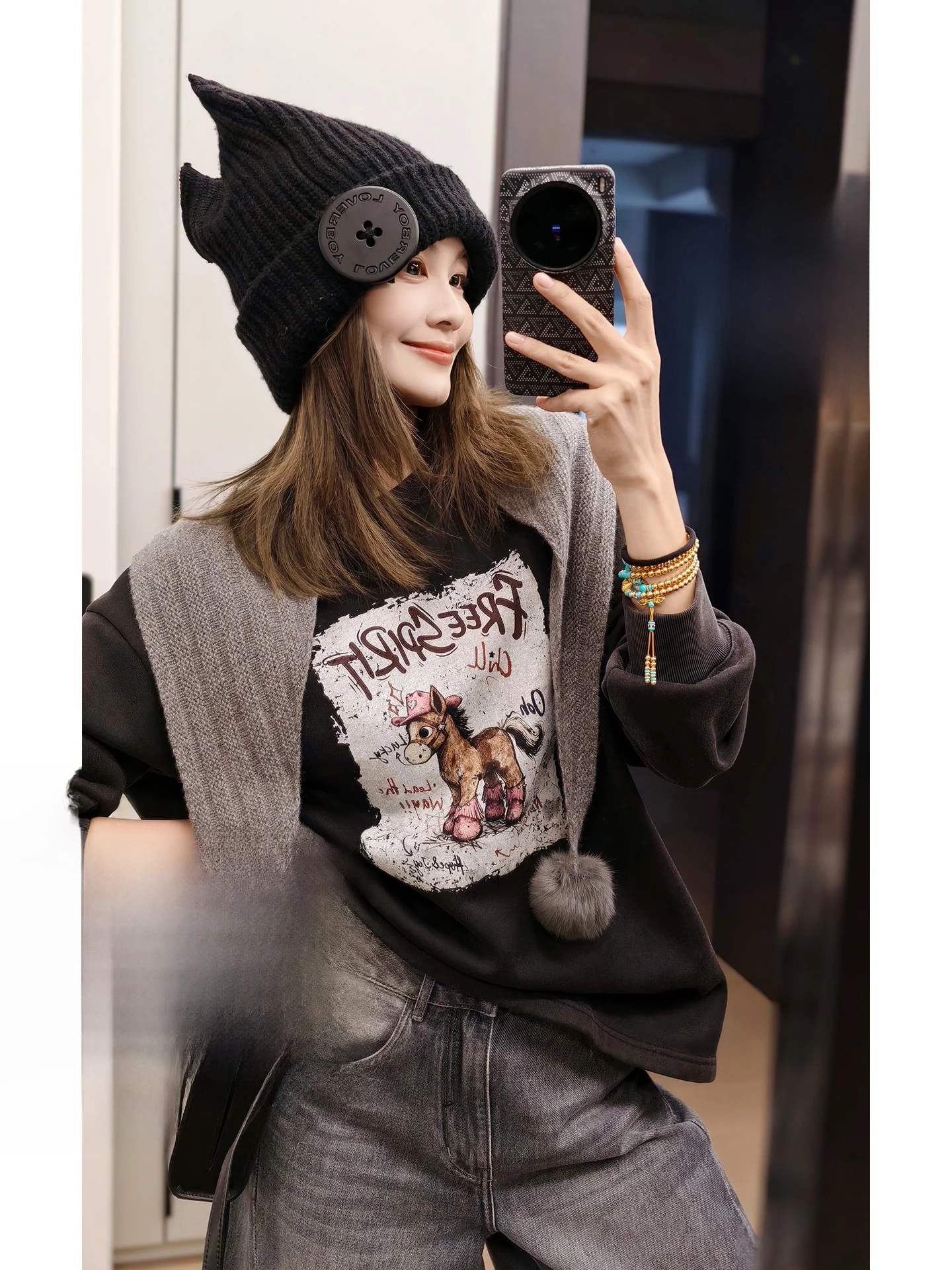 

Толстовка с круглым вырезом на флисовой подкладке, с милым принтом ручной работы, теплая, свободного кроя, с длинными рукавами, из полиэстера, для пар, весенняя, для повседневной носки