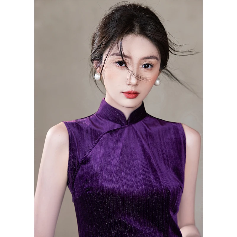 

Повседневное шелковое бархатное платье Dr Simple Ele фиолетового цвета в стиле Old Shanghai с низким разрезом без рукавов для женщин