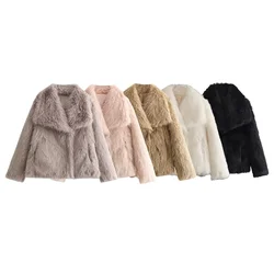 Kar&Otza New autumn and winter artificial fur effect short jacket with lapel long sleeved button closure for casual wear