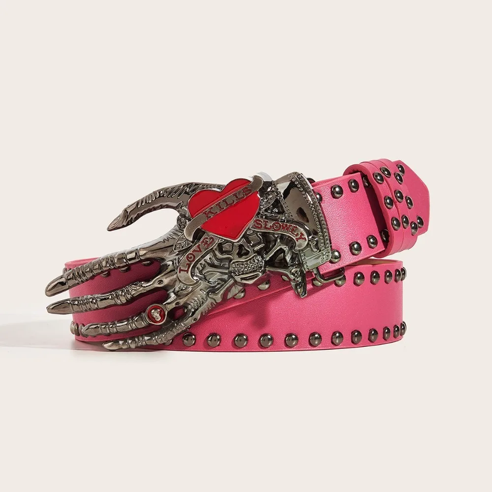 

Jeans Decor Skull Rivet Belt Skeleton American Punk Love Hand Palm Belt Y2k Korean Style PU Leather Waistbands Female/Girls