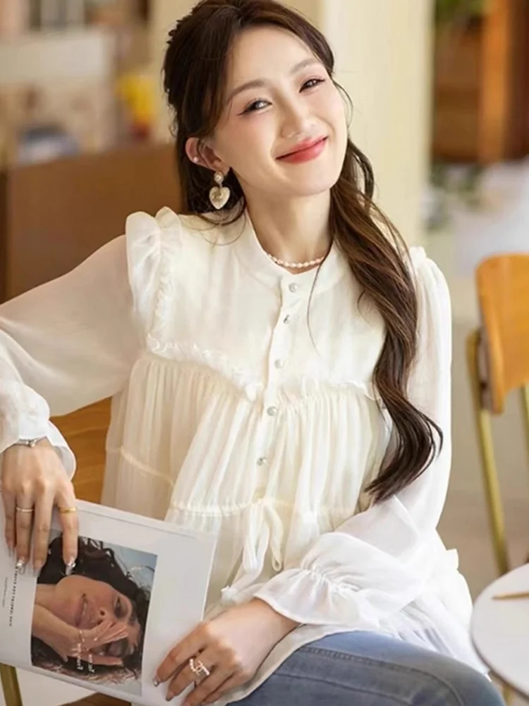 Ele suave sle longo sve chiffon irt solto ajuste versátil madeira ain doce emagrecimento outono topo feminino faion