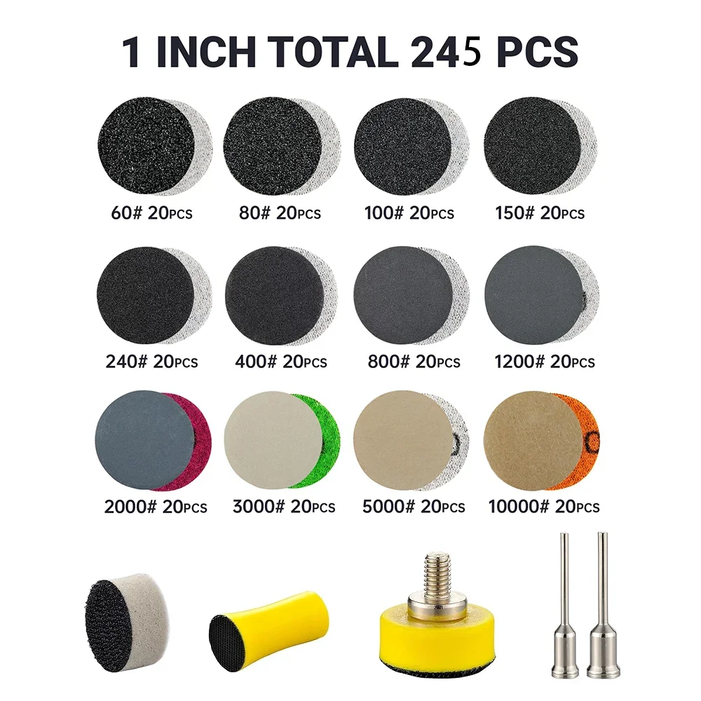 245 Pcs 1 Inch Wet and Dry Sandpaper Set  Assorted 60 to 10000 Grit with 1/8