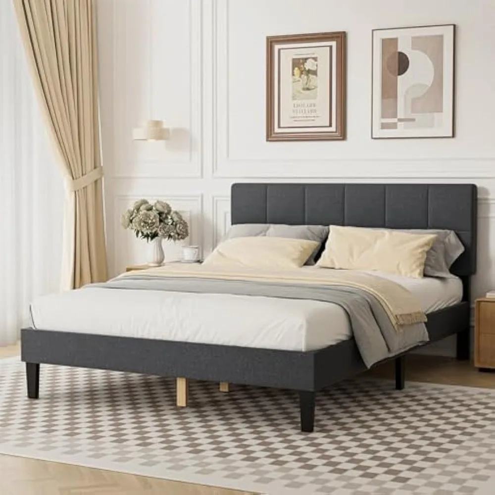 

Linen Upholstered Platform Bed with Headboard,No Box Spring Needed with800LBS Sturdy Wooden Slats Support,No-Noise,Easy Assembly