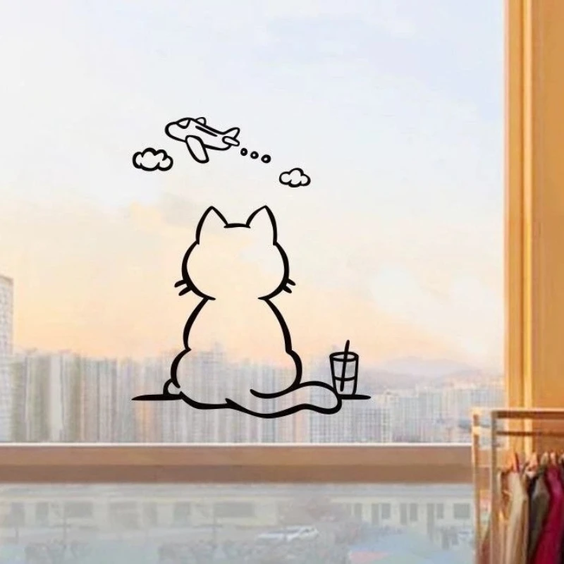 

Creative Wall Stickers Airplane Cat Balcony Glass Door Decorative Stickers Cozy Dormitory Living Room Bedroom Cartoon Posters