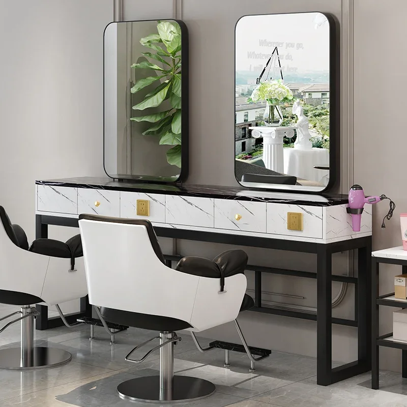 Mesa de espelho de corte de cabelo, cabeleireiro de face única, armário de espelho de corte de cabelo integrado, salão de cabeleireiro, mármore com luz