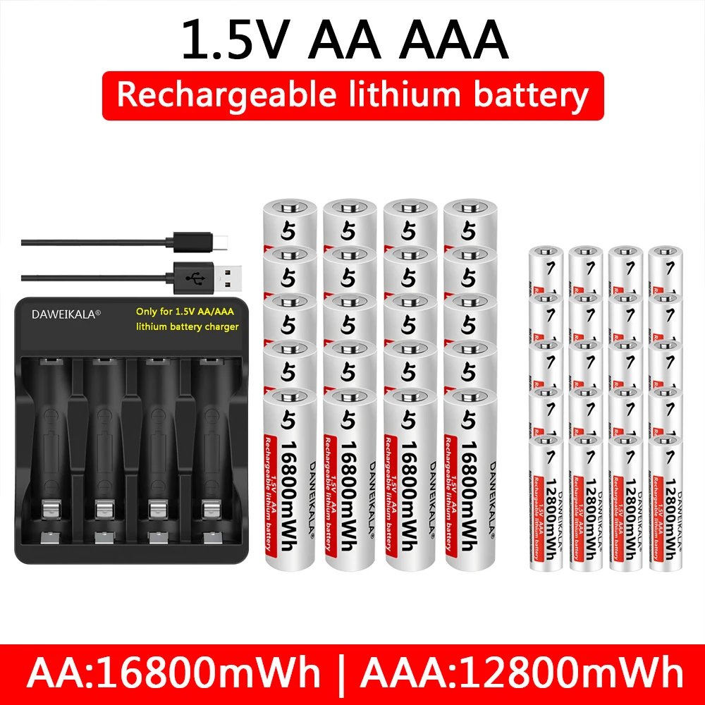 AA AAA rechargeable battery 1.5V lithium battery remote Wholesale For Mouse Flashlight Fan Game Machine electric toy + charger