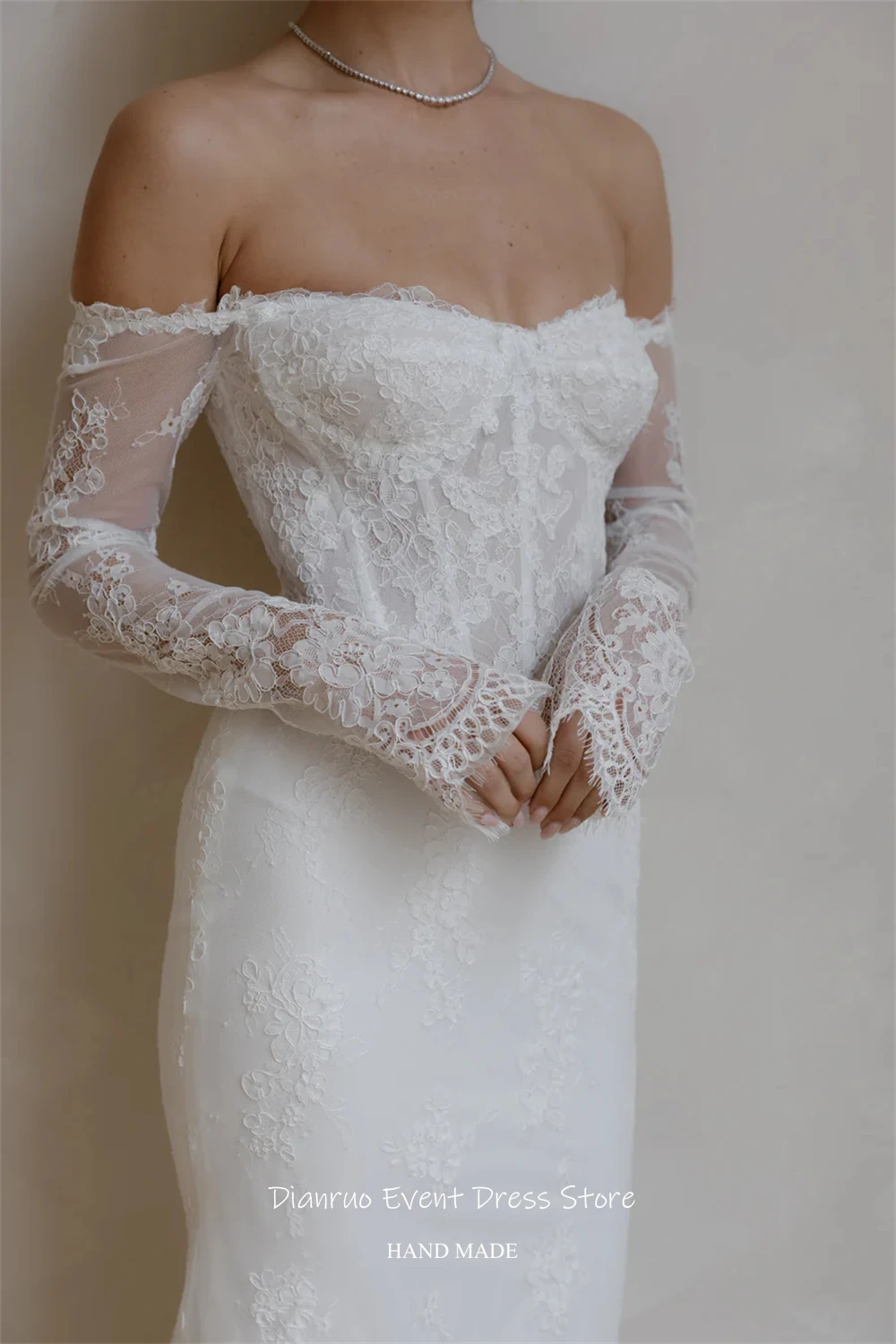 Dianruo Bodenlangen Handgemachte Hochzeit Kleid Meerjungfrau Vestido Novia Weg Von Der Schulter Applikationen Zivil Robe De Mariée Angepasst