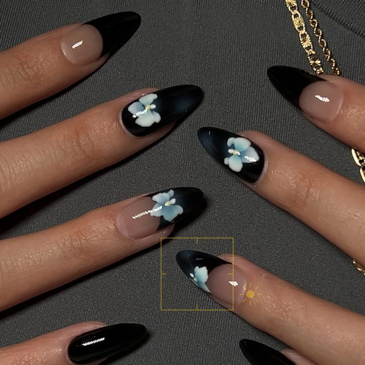

24Pcs Mid-length Almond Full Cover Nails Tips Black French Orchid Design Fake Nails with Simple Detachable Press on False Nails