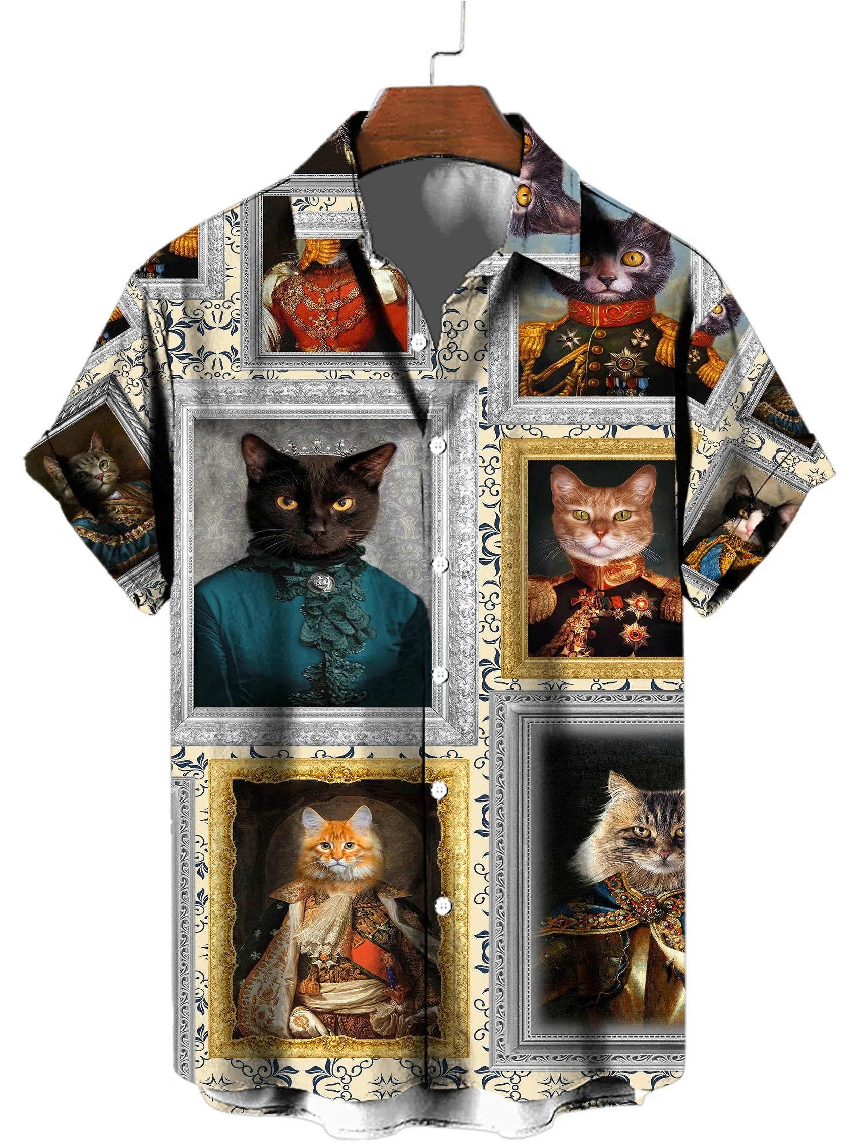 

Mens 3D Cat Print Fashion Short Sleeve Lapel Button-Up Shirt, Mens Summer Clothing, Casual Pattern Tops, Mens Novelty Pajama Top