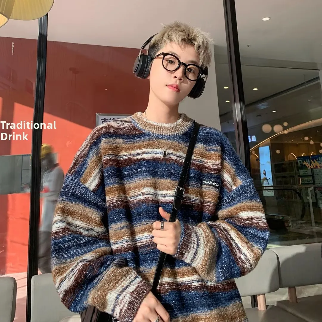 

Мужской вязаный свитер в американском стиле с радужными полосками, круглый базовый слой, топ Lazy Sle, осень-зима, Новое поступление