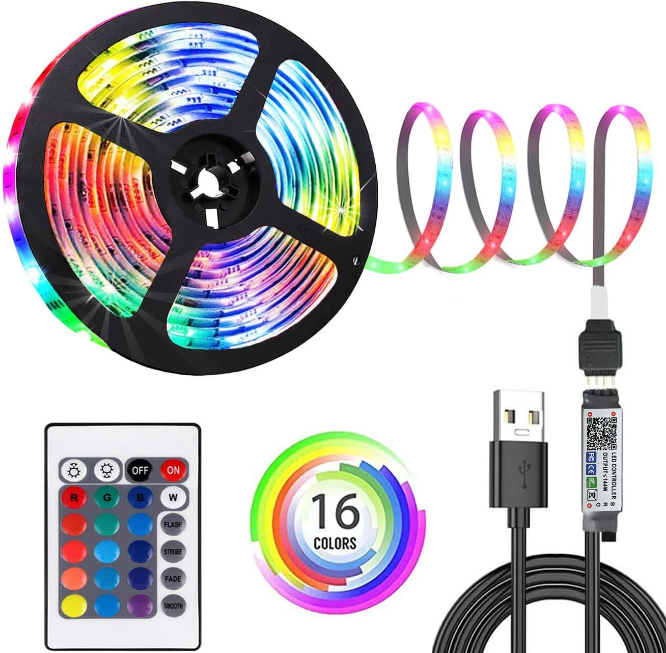 5v5050LED strip lamp set, powered by USB (Bluetooth/infrared +24-key remote controller) is suitable for party and DIY interior d