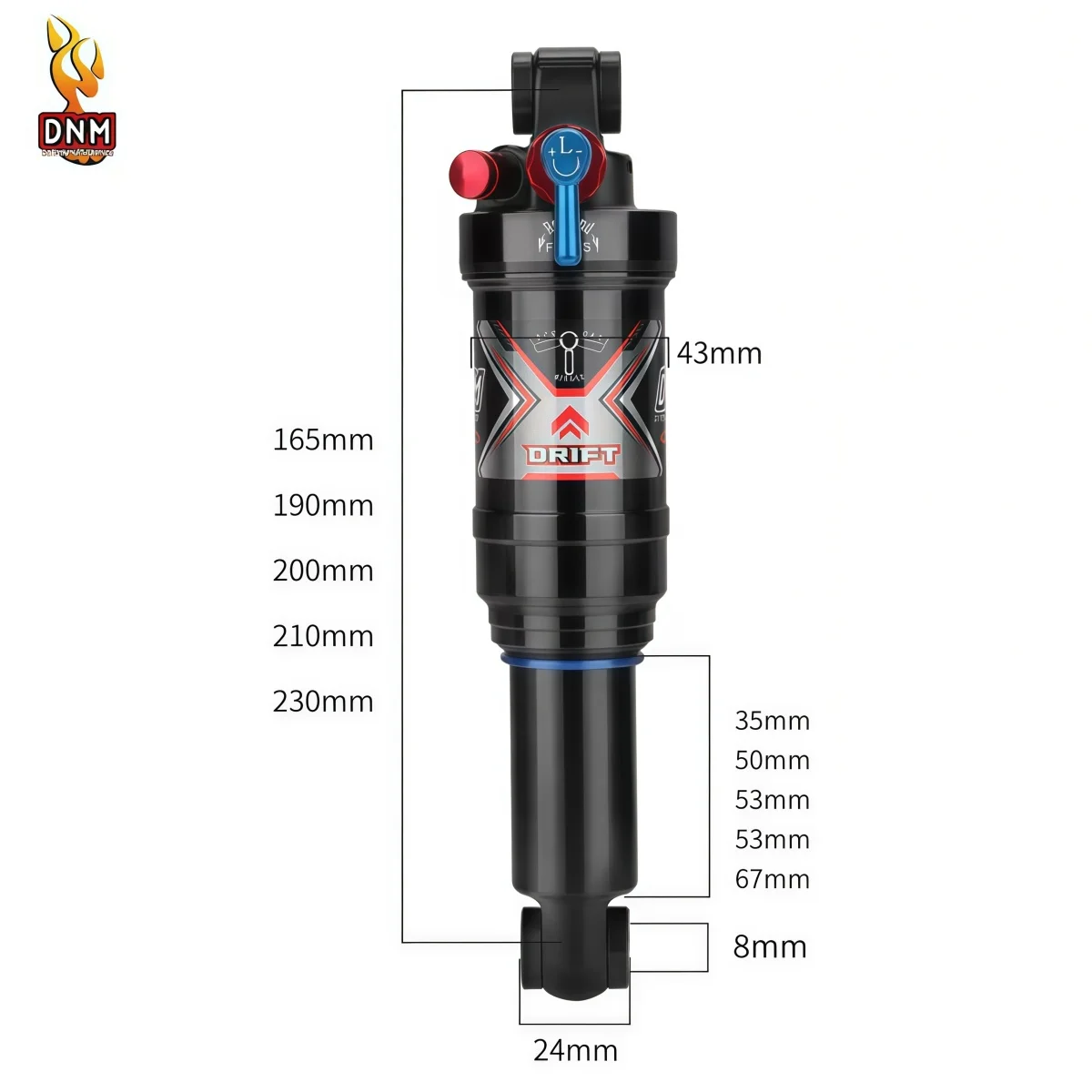DNM AO-8RC MTB Rear Air Shock Absorber- 3-Stage Damping Adjustment- 6061 Aluminum (165-230 MM