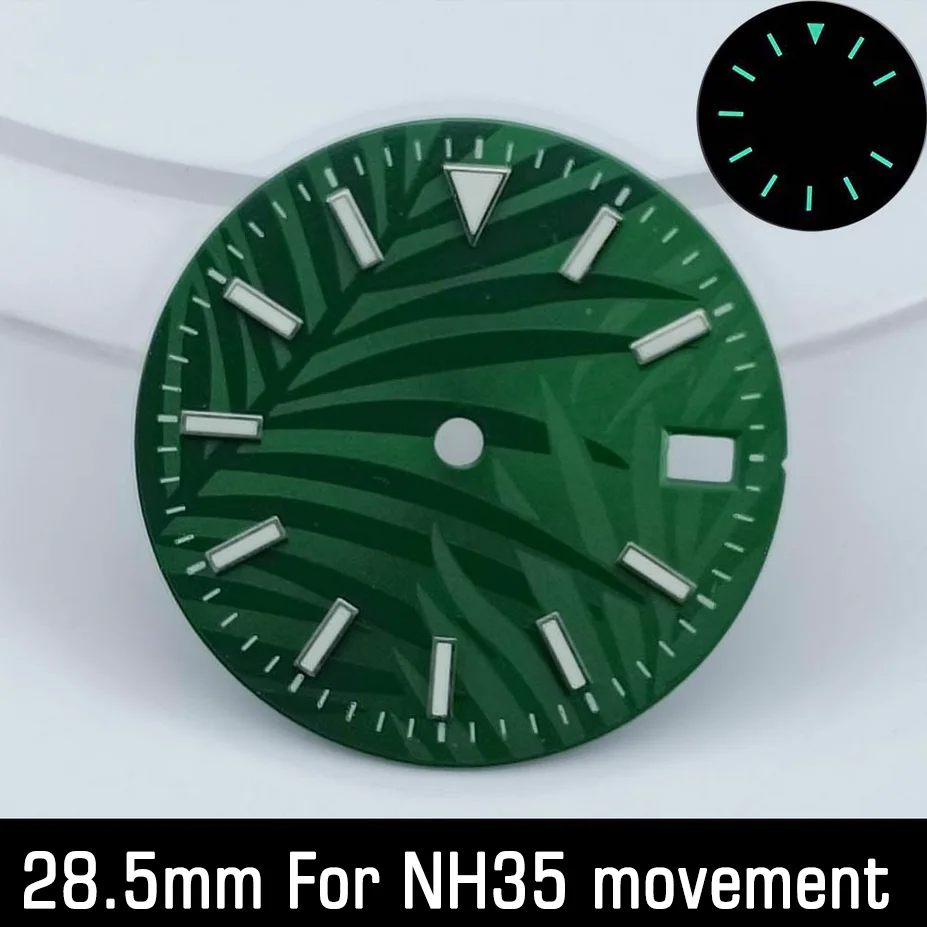 Mostrador luminoso de relógio verde, calendário único, logotipo personalizável, diamantes 28,55mm, peças para NH35 e NH36