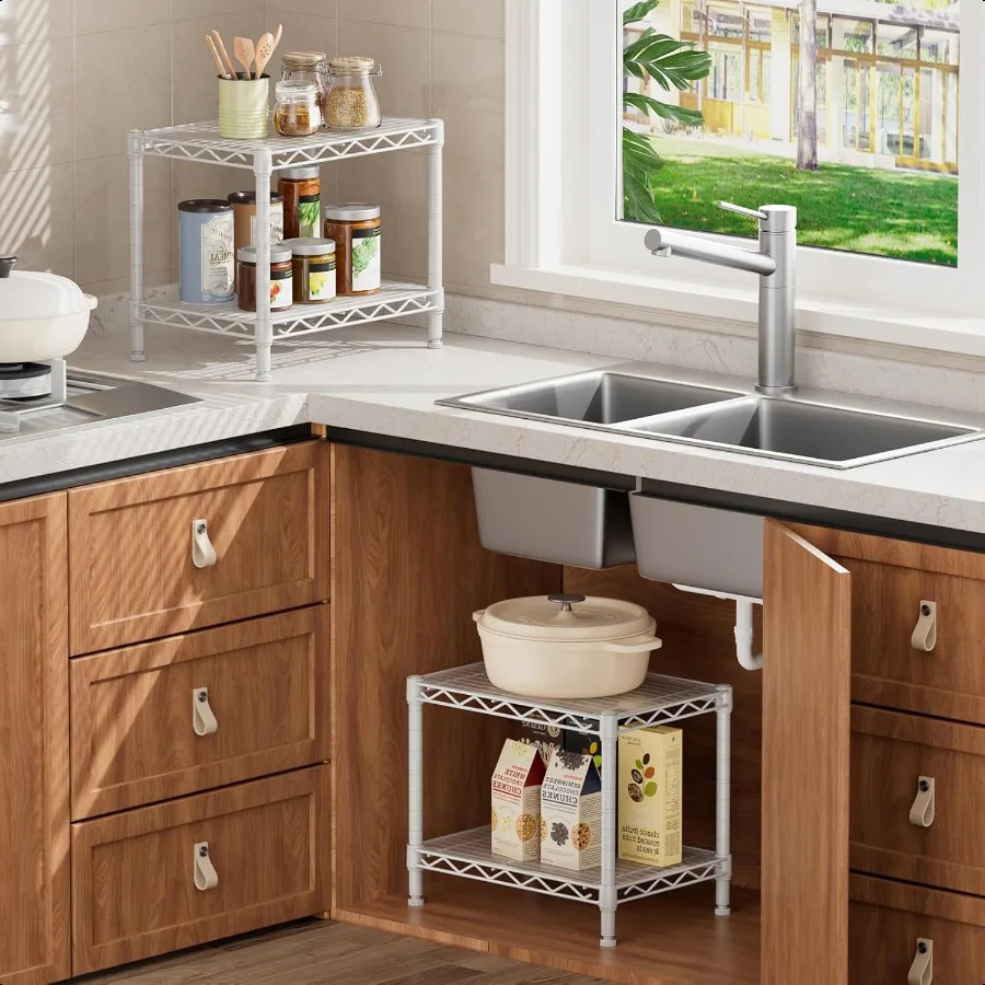 2 Small Shees Kitchen Storage Shelf Wire Sheing Unit Metal Shelf Adjustable Organizers Storage Sheing for Office Pantry White 1