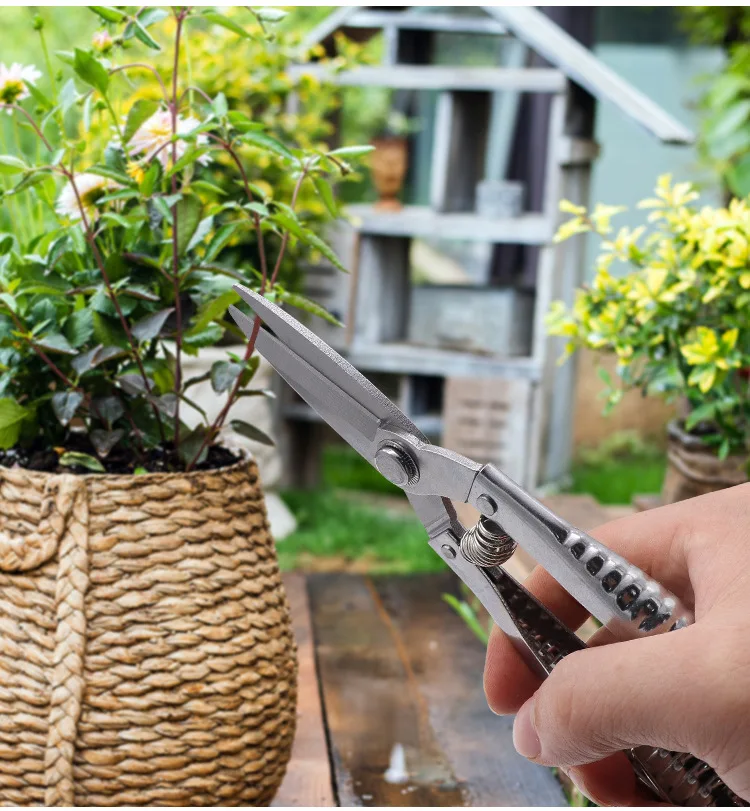 Straight Head All Stainless Steel Blade Household Pruning Shears Powerful Fruit Garden Scissors with Automatic Return Spring