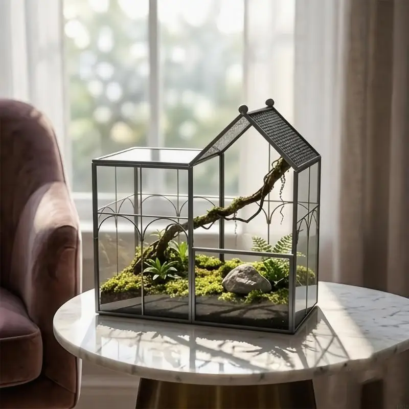 Glas-Terrarium-Ausstellungshaus mit schwarzem Rahmen und Öffnungsplatte für Blumenarrangements, Platzierung auf der Fensterbank – Detail 5