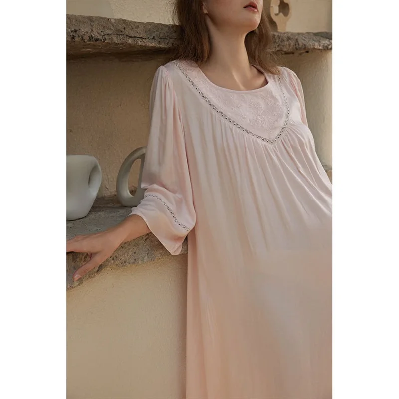 Vitage  Viscose Nightgowns LooseThree Quarter Sleeve Summer Sleepwear Elegant Loose Night Dress For Women Home Dress
