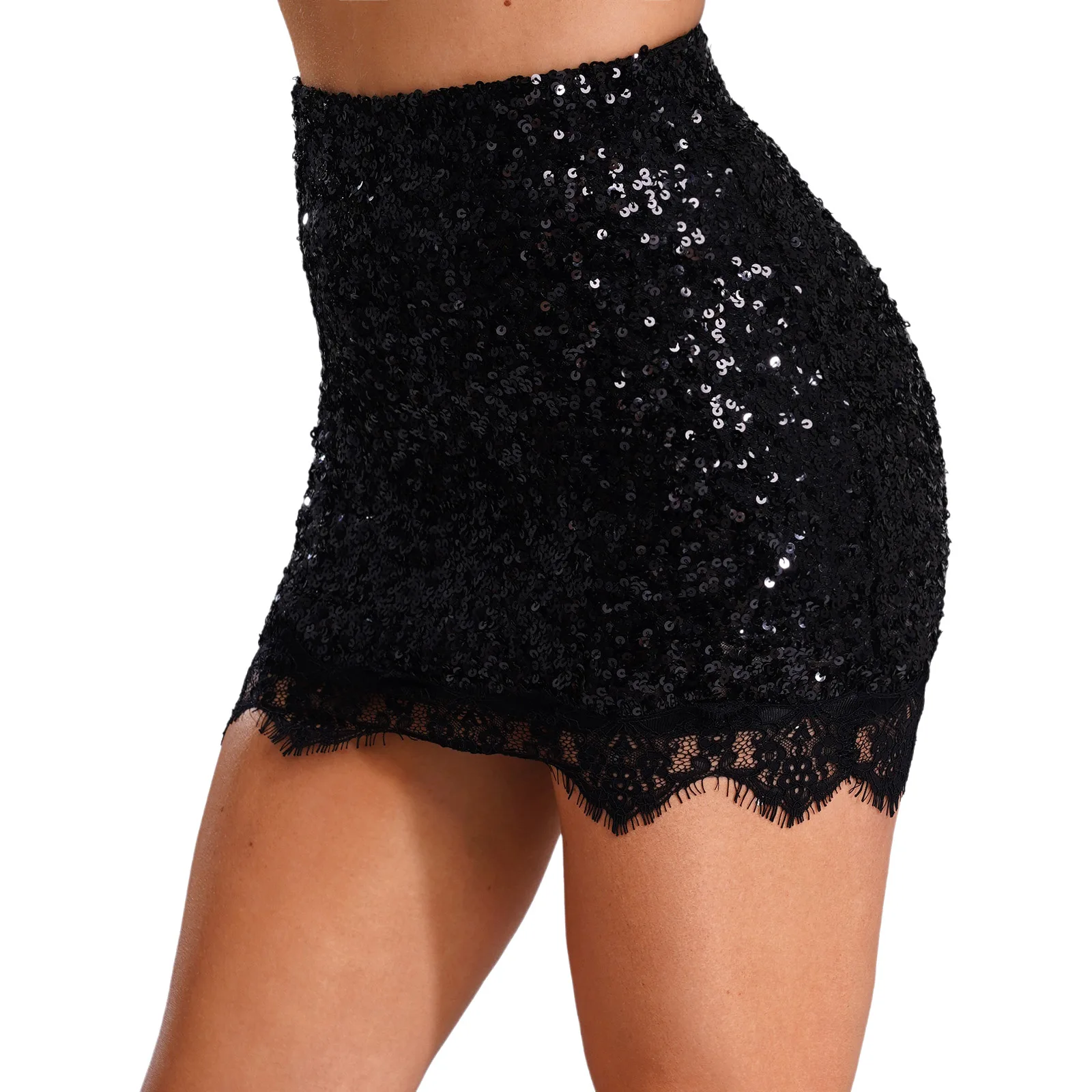 Womens glittery pailletten bodycon minirok hoge taille kanten rand rok met veiligheidsonderbroek A-lijn korte rok cocktailkostuum