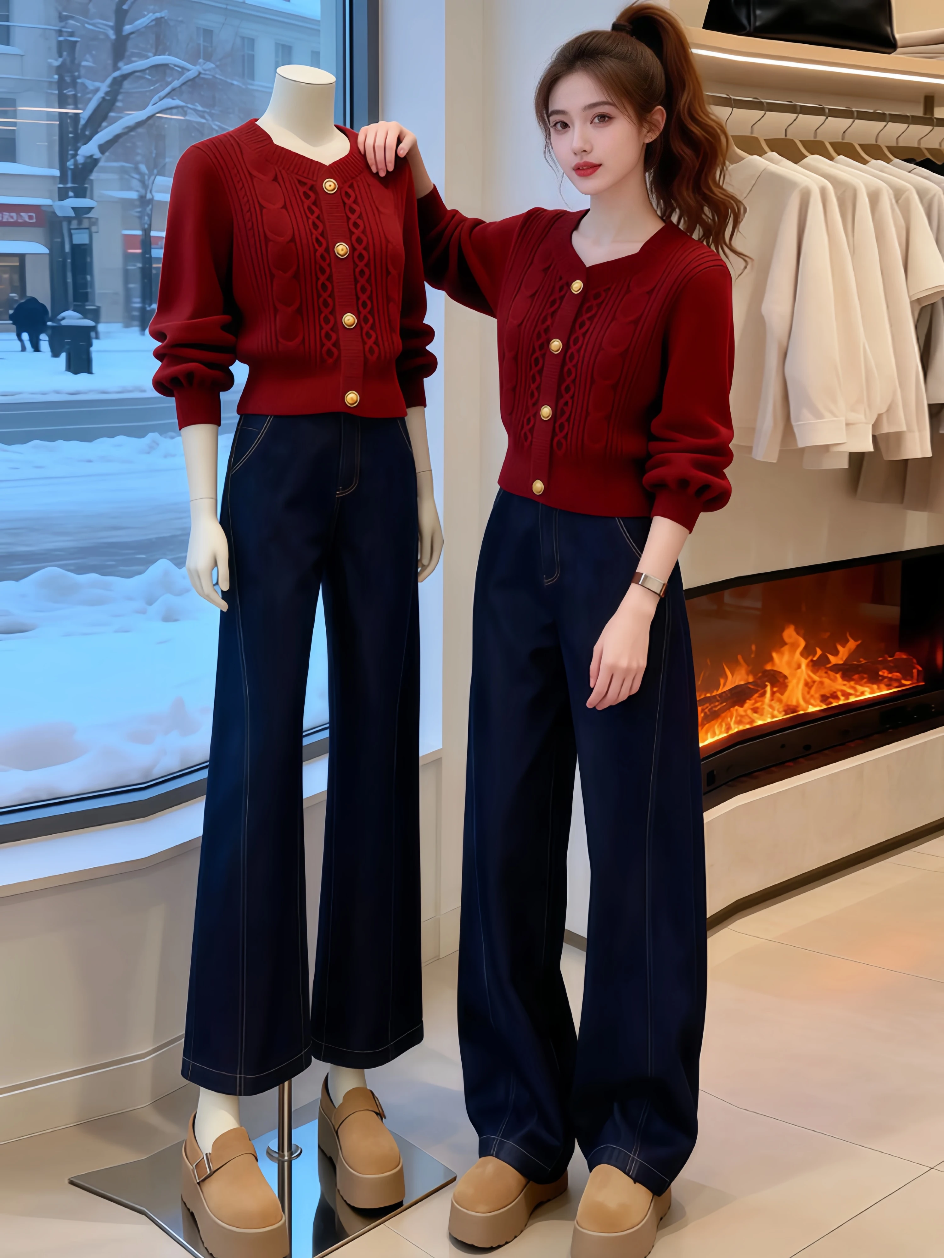 Red Knitted Short Cardigan Women's Autumn Winter New Style Christmas Cross Year Single Button Sweater Casual Loose Fit V-Neck