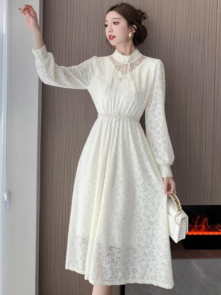 

Autumn Winter Solid Lace Dress Hollow Out O-neck Lace-up Puff Sleeve Slim Waist With Belt A-line Vestidos Elegant Prom Mujer